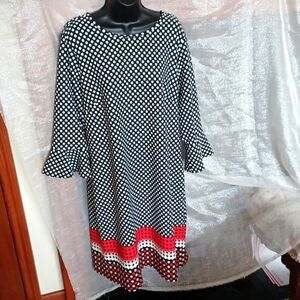 Phase 7 Black with White polka dots, red & tan bottom Shift Dress • 16